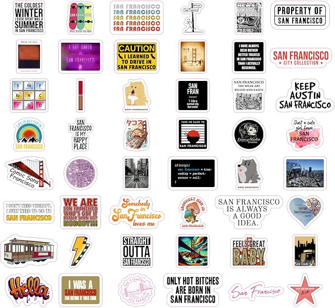 BulbaCraft 100Pcs San Francisco Stickers for Water Bottles, San Francisco Souvenirs, Gifts for Women & Men