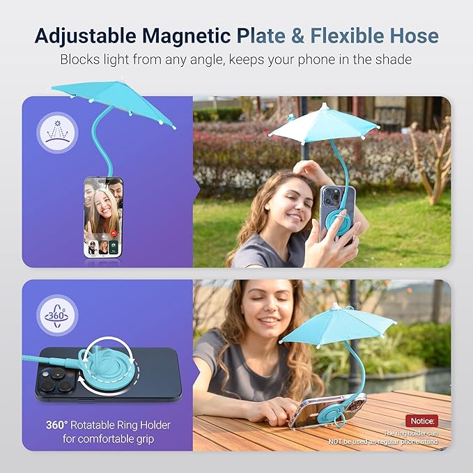 Magnetic Phone Umbrella for Sun,Outdoor Phone Sun Shade Shield with Flexible Angle Design & Rotatable Phone Ring,Umbrella for iPhone 17 Air 16 15 14 13 Pro Max,Mag-Safe Case &All Phone Anti-Glare BLUE
