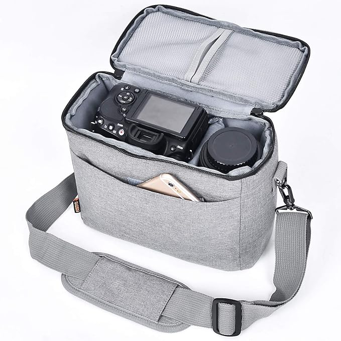 FOSOTO Camera Bag Case with Waterproof Rain Cover Compatible for Nikon D3500 D5600 D7500 D610 Canon EOS 4000D 2000D SL3 T7 M50 M6 SX530 Fujifilm X-T20,Grey