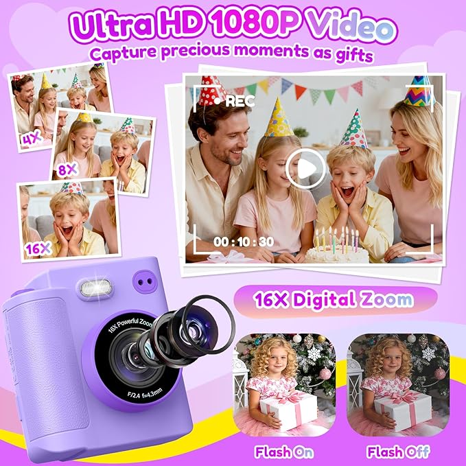 Kids Camera Gift for Girls: Selfie Digital Instant Print Cameras HD Toys for Kids Teen Girls Boys Ages 3 4 5 6 7 8 9 10 12 Birthday Christmas Valentines Easter Gifts with 32G SD Card Purple