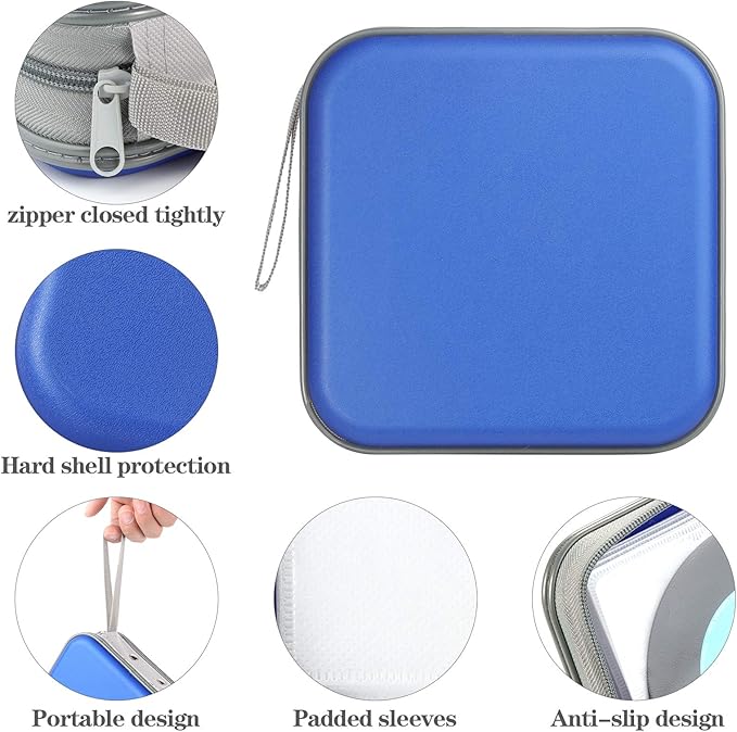 alavisxf xx CD Case, 48 Capacity Hard Plastic DVD Case Portable Zipper CD Case Holder Large Storage Disc Wallet Bag for Car Home Travel (Blue, 48 Capacity)