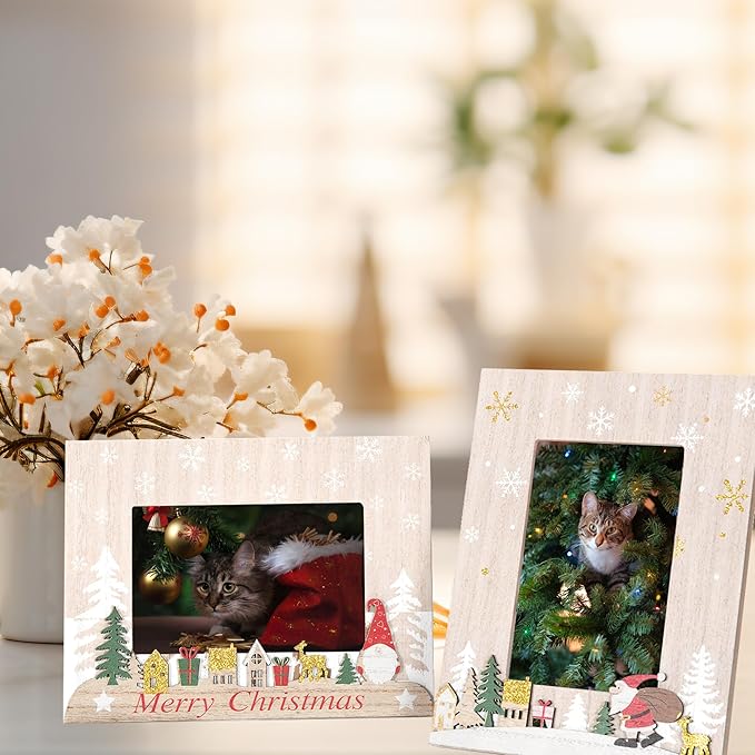kennethan Christmas White Frame 4x6 Picture Frame with Christmas Santa Decoration 2 Pack Wooden Frame with Glass can Display 4x6 Picture on the Table