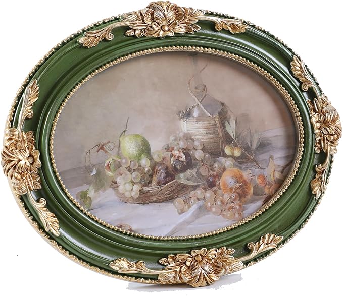 Vintage Picture Frames 4x6 Ornate Green and Gold Antique Pictue Frames with Real Glass Cover for Wall & Tabletop Display Victorian Home Decor Gallery Wall Decor,Oval