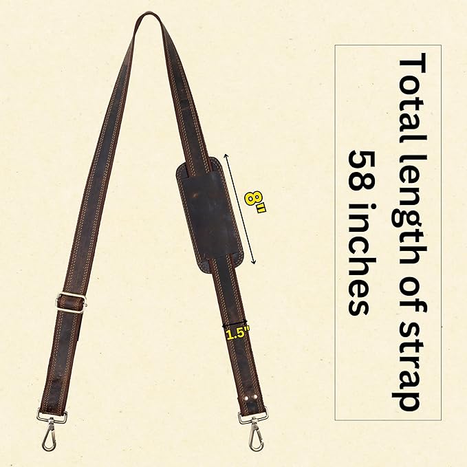 Bag Strap Replacement - Genuine Leather 57" Adjustable Shoulder Strap for Messenger, Laptop, Camera, Travel Bags