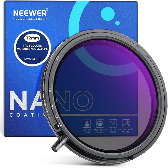 NEEWER 72mm True Colors Variable ND Filter ND2-ND32 & CPL, 2 in 1 Adjustable Neutral Density and Circular Polarizing Filter, Multi Coated HD Optical Glass/Aluminum Frame