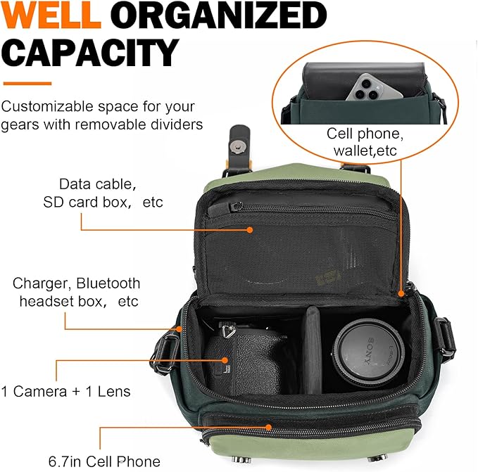 Cwatcun Camera Bag, Waterproof Flap Camera Crossbody Shoulder Messenger Case with Tripod Holder, Travel Photography Bag for Canon, Nikon, Sony, Fuji DSLR/SLR/Mirrorless Camera, Lens - Green, S