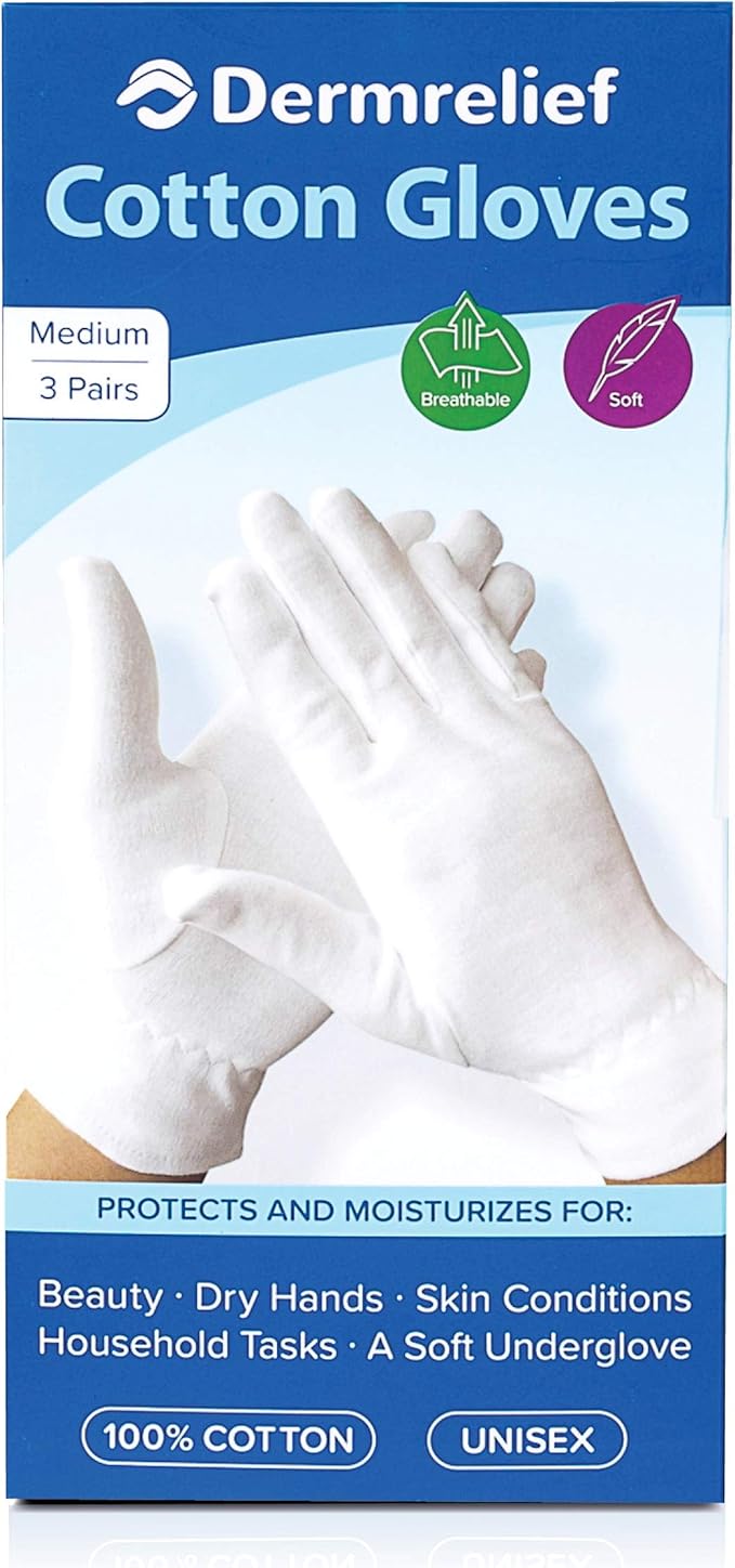 Dermrelief Cotton Gloves - for Beauty, Dry Hands, Eczema, Dermatitis and Psoriasis (Medium, 3 Pairs)
