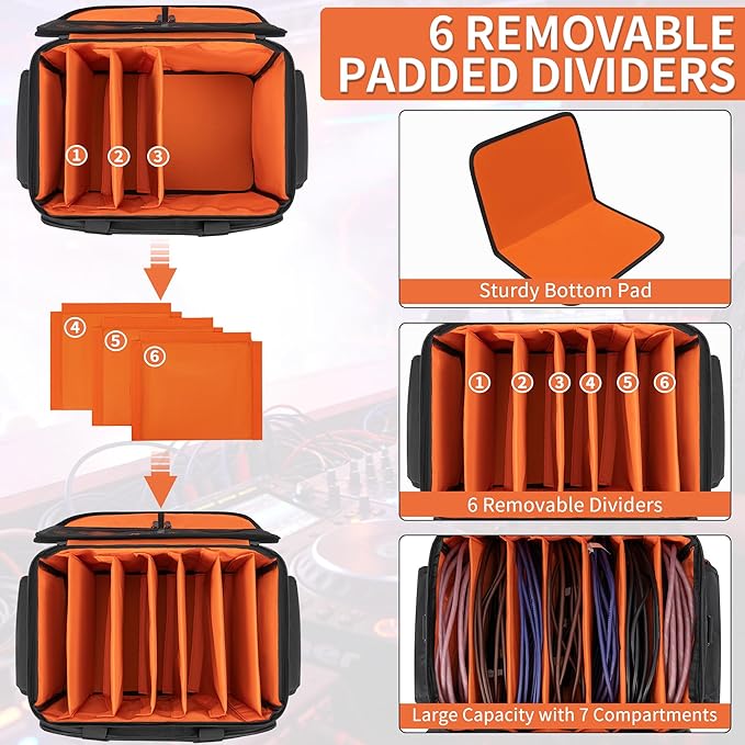DJ Cable File Bag With Adjustable Dividers, Dj Gig Bag for Cables, Cords, DJ Gear, Sound Instrument and Accessories, Cable Organizer Bag 16L x 11W x 12H inch