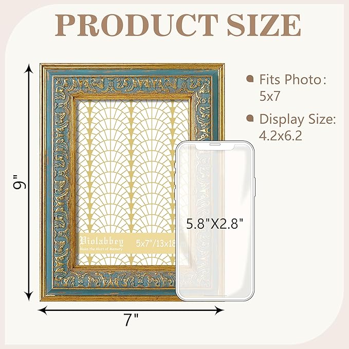 VIOLABBEY 5x7 Picture Frame Blue, Vintage Photo Frames Ornate without Mat for Tabletop or Wall Hanging