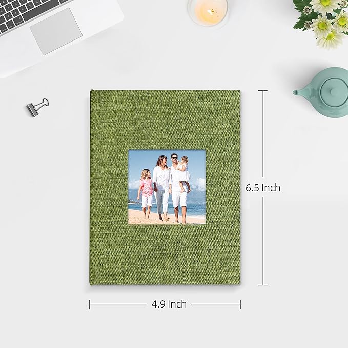 Mublalbum 2 Pack Small 4x6 Photo Album Linen Cover with Display Window Mini Picture Book Each Holds 52 Vertical Pockets for Artwork Postcards or Pictures Storage (Green)