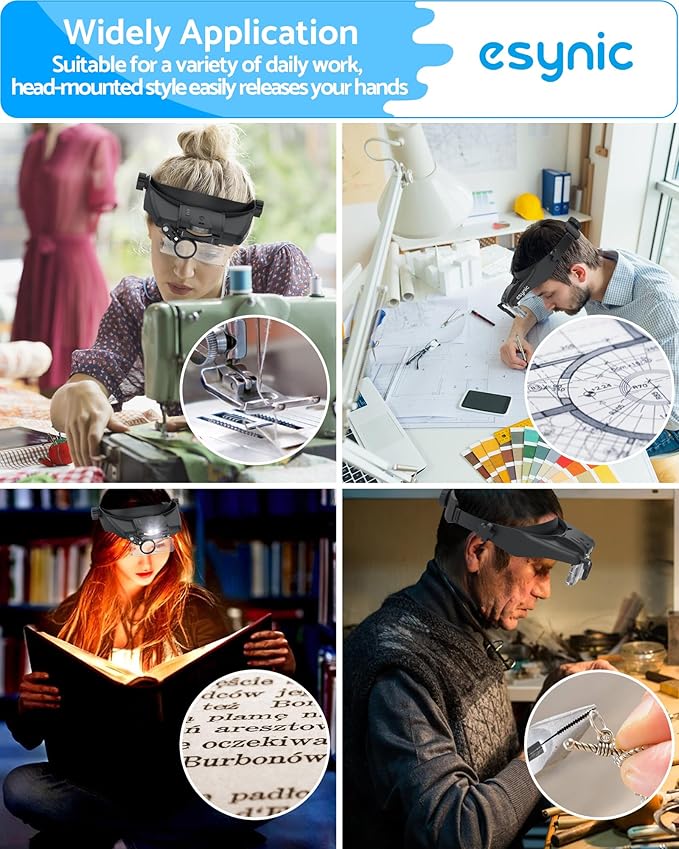 eSynic Head Magnifier 1.5X-14.5X with 5 Acrylic Lenses &2 LED Lights Wide Field of View Comfortable Headband Magnifying Glasses with Rechargeable Battery Alert for Reading Crafts Jewelry Repair