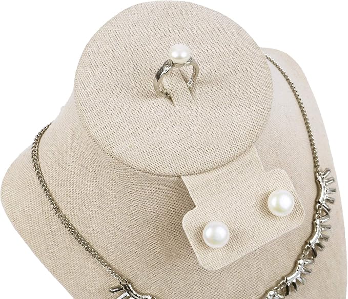 MOOCA 3 Pcs Set Tan Linen Combination Display Jewelry Stand Bust for Necklaces, Earrings, Rings, Jewelry Display For Vendors