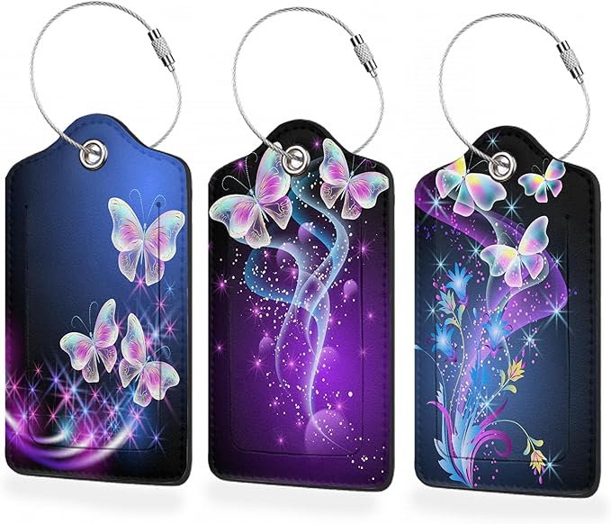 3 Pack Flying Butterfly Luggage Tags,Glowing Smoke Stars PU Leather Luggage Tags for Suitcase,Name ID Labels with Privacy Cover Suitcases and Metal Loop for Travel