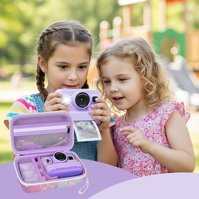 Case Compatible with DYLANTO for ESOXOFFORE for ETIKEZ for YTETCN for DUDUDRAGON Instant Print Camera, Kids Camera Storage for Accessories (Box Only) (Case and 3 Paper Rolls, Purple-fish)