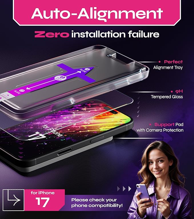 Defenslim for iPhone 17 Screen Protector (2Pack), Easy Auto-Align Install Kit, 6.3" Tempered Glass, 9H Hardness, Ultra HD Clear, Case Friendly, EasyShield