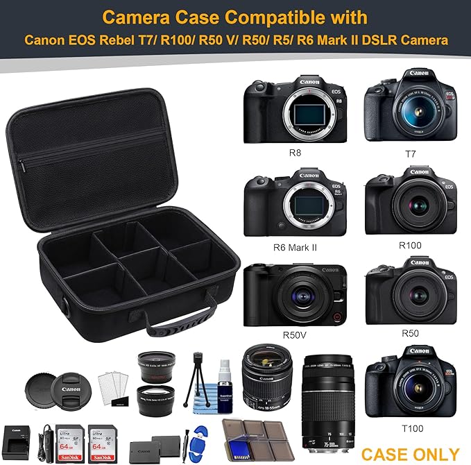 RAIALL Camera Case for Canon EOS Rebel T7/R50/R50V/R100/R6 Mark II/R5/ R8/R10/RP/R7/Sony/Nikon D7500 DSLR Camera, Lens, Tripod, Hard Protective Travel Bag with a Shoulder Strap and 5 Dividers, Black