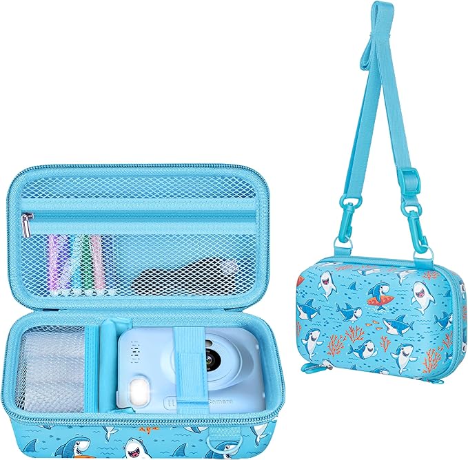 Leayjeen Kids Camera Case Compatible with Dylanto/GKTZ/HiMont/CAMCLID/ESOXOFFORE Kids Instant Print Camera, for 1080P Printed Photos,Christmas Gifts and Birthday Gifts for Kids-Blue Sharks(Case Only)