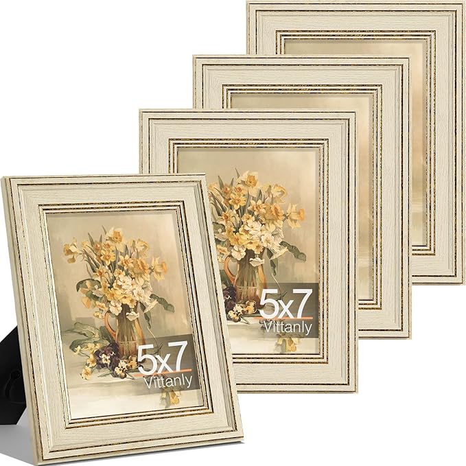 Vittanly 5x7 Picture Frame Set of 4, Vintage Photo Frame for Wall or Tabletop, Display 5x7 Pictures, Rustic Farmhouse Home Decor, Rustic White