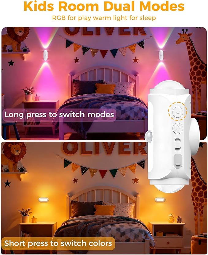 Motion Sensor Wall Light, Rechargeable Peel and Stick on Sconce Set of 2, Wireless No Drill RGB Wall Lamps, Magnetic Battery Operated Indoor Lighting for Hallway, Stairs, Bedroom, Bathroom, Bar Decor