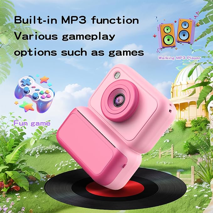 Kids Camera Instant Print, Instant Camera with 4 Roller Photo Paper & 32GB Card, 1080P Dual-Lens Digital Camera for Kids, Boys and Girls Toys Gifts for Teenage Girls Kids Toys for Ages 8-13 (Pink)