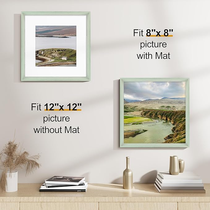 Vittanly 12x12 Picture Frames Set of 2, Ornate Vintage Photo Frame for Wall or Tabletop, Display 8x8 Pictures with Mat or 12x12 without Mat, Light Green