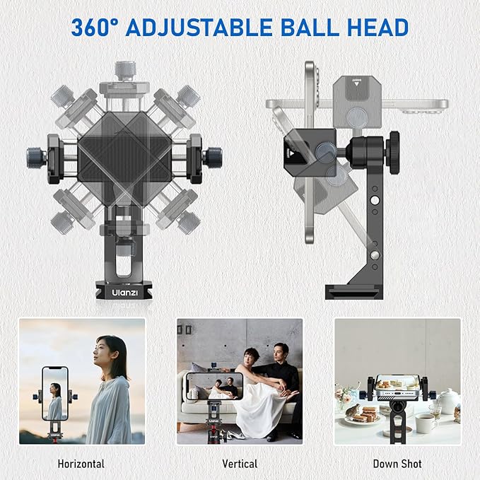 Ulanzi MA53 Metal Tripod Phone Mount, Smartphone Tripods Adapter with Arca Swiss/Uka Port, 2 Cold Shoe, 360° Cellphone Tripod Mount, for iPhone 17 Samsung Holder for Photo Video Vlogging Rig