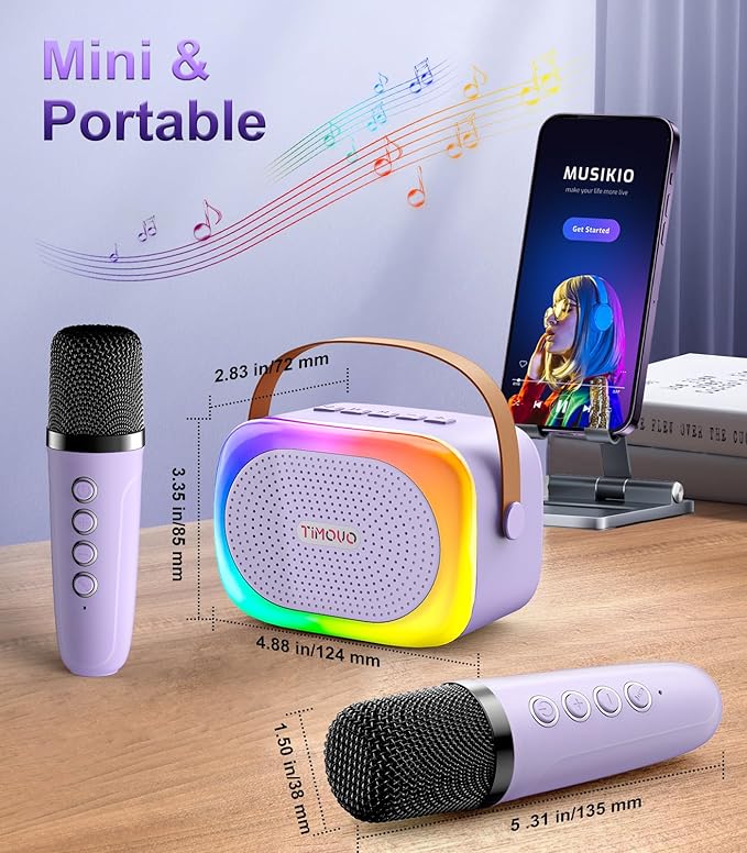 TiMOVO Mini Karaoke Machine, Portable Bluetooth Speaker with 2 Wireless Microphones and LED Lights, Birthday Gifts for Family Home Party, Purple