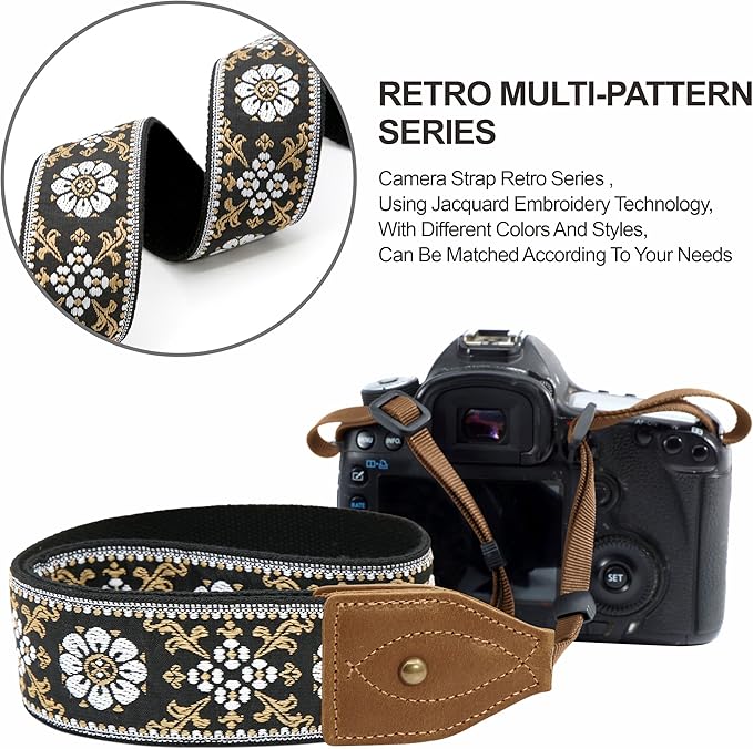 Padwa Lifestyle Camera Strap - 2" Wide Classic Vintage Crazy Horse Arts Cowhide Head Cotton Embroidered Universal Neck Shoulder & Crossbody Camera Straps for Photographers Gift and All DSLR Cameras