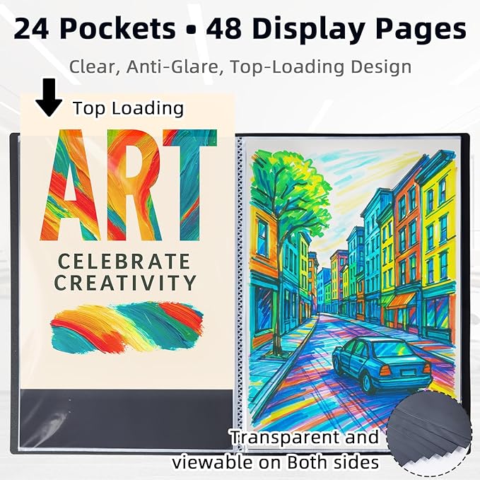 JJRING 18x24 Art Portfolio Folder with Plastic Sleeves, 24-Pocket Portfolio Binder Displaying 48 Pages, Presentation Book with Black Inner Paper for Artwork Storage, Black