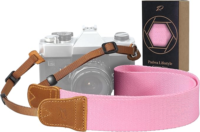 Padwa Lifestyle Pink Camera Straps - Double Layer Crazy Horse Cowhide Head,1.5" Wide Pure Cotton Woven Camera Straps,Adjustable Shoulder & Neck Strap for DSLR Cameras,Great Gift for Photographers