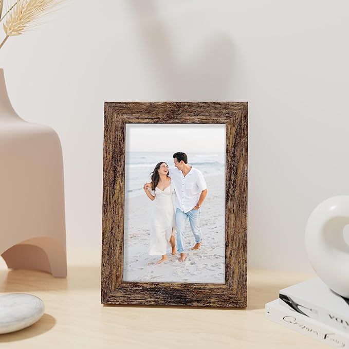 Vittanly 4x6 Picture Frame, Made of Solid Wood and Shatterproof Plexiglass, Wooden Photo Frame for Wall Mounting or Tabletop Display, Picture Frame for Home Decor with Stand, Dark Brown, 1 Pack