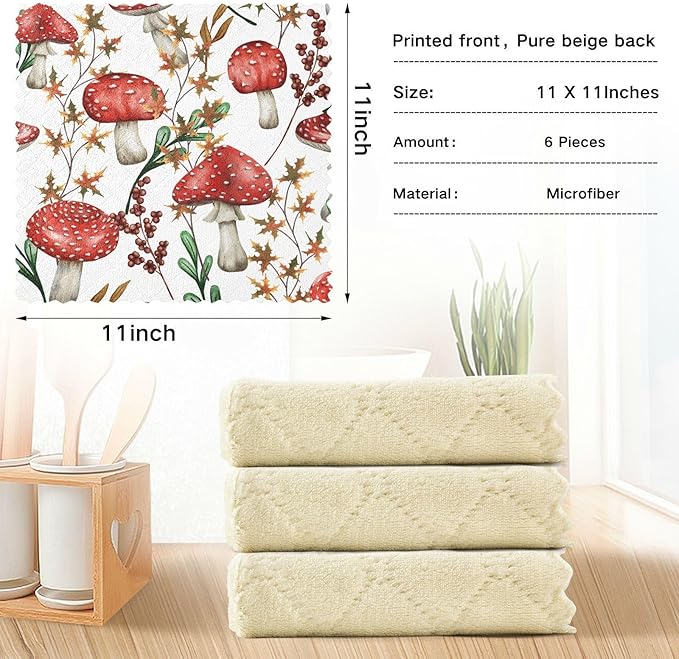CaTaKu Fall Mushroom Kitchen Dish Cloths,Microfiber Cleaning Cloths Reusable Dish Rags for Washing Dishes, Dish Towels Washcloths for Kitchen Drying,6 Pack