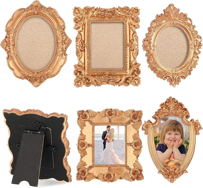 5-Piece Set Vintage Mini Photo Frames,Baroque Rose Gold European Palace Style , Retro Carving, Stand or Hang, Desktop Display, Wall Decor,Fits Gallery Walls / Wedding Photo Walls / Home Decor Retro Style Photo Frames