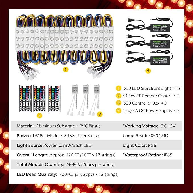 Dyna-Living LED Storefront Lights 120FT Commercial RGB Window Lights for Store Front Decorative 240PCS 3-LED 5050 SMD RGB Module for Signs IP65 Waterproof Strip Light for Business (12 Packs-White)
