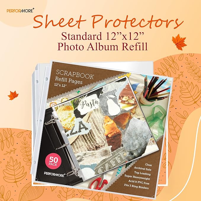 Performore 50 Pack of Scrapbook Refill Pages, 12.25" X 12.25" Clear Sheet Protectors for 3 Ring Binder, Plastic Sheet Sleeves, Top Loading Paper Protector, Archival Safe for Documents and Photo