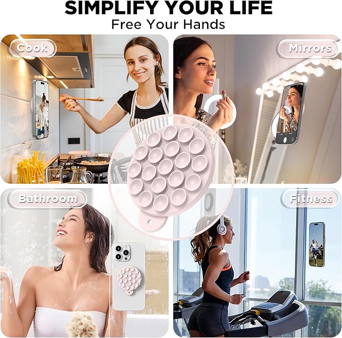 Magnetic Suction Cup Phone Mount, Compatible with MagSafe, Silicone Octo Cup Buddy Sticky Grip Holder for iPhone and Android, Removable Hands-Free Selfie/Video for TikTok, Lovely Pink