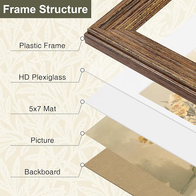 Vittanly 8x10 Picture Frame Set of 4, Vintage Photo Frame for Wall or Tabletop, Display 5x7 Pictures with Mat or 8x10 without Mat, Rustic Farmhouse Home Decor, Walnut