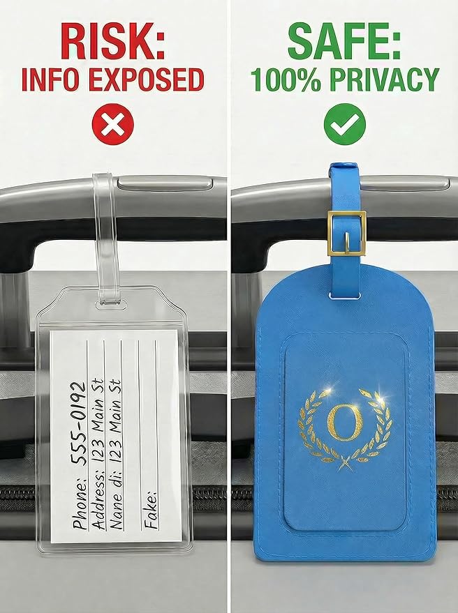 Luggage Tags for Suitcases 6 Pack PU Leather Travel Bag Tags with Privacy Cover & Stainless Steel Buckle, Vegan Leather Name ID Labels for Travel Bags, Cruise, Airline, Backpack, Baggage Identifier(O)