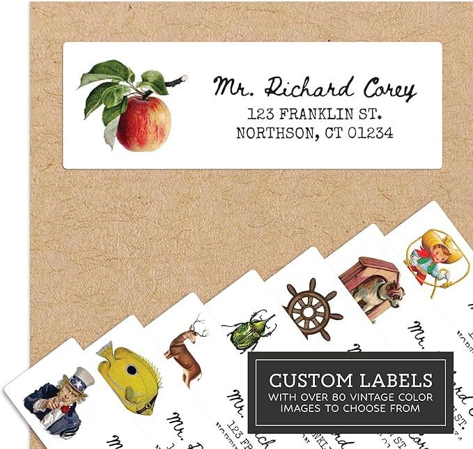 Personalized Return Address Labels - Vintage Elements - Over 80 Images to Choose from - Custom Self Adhesive Stickers for Envelopes (60-960 Labels) (Colorful Inkwell Style)