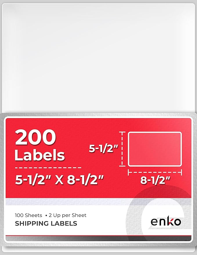 enKo 5-1/2 x 8-1/2 Inch Label - White Blank - 2 Per Sheet Half Shipping Labels for Laser Inkjet Printer (100 Sheets, 200 Labels)