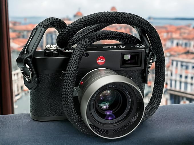Vi Vante Sheetline Black Rope Camera Strap w/Nappa Leather Ends built in tension relief & electroplated key rings (Black w/White Stitching)