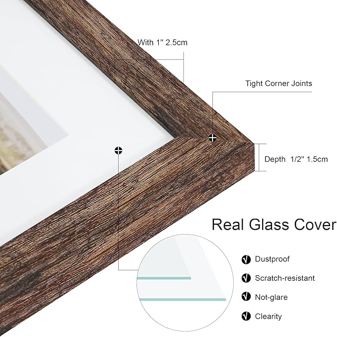 10x14 Picture Frame Set of 4, Made of Glass and Rustic Brown Wooden Frame, Display 8x12 Pictures with Mat or 30 x 40cm Diamond Painting Art without Mat for Wall Mounting, Gallery Photo Frames