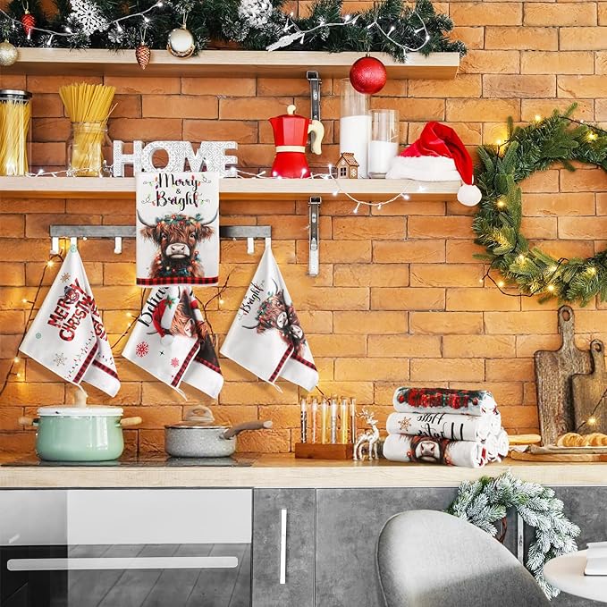 Preboun 6 Pcs Christmas Kitchen Towels Highland Cow Decorative Hand Towels Red Black Plaid Hello Winter Merry Christmas Dish Cloth Farmhouse Tea Cloth Kitchen Accessories Bathroom Decor