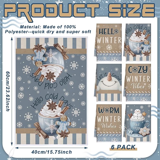 Preboun 6 Pcs Winter Snowman Kitchen Towels Christmas Snowman Cocoa Hand Towels Hello Winter Dish Cloth Decorative Farmhouse Xmas Tea Cloth Absorbent for Holiday Kitchen Bathroom Decor