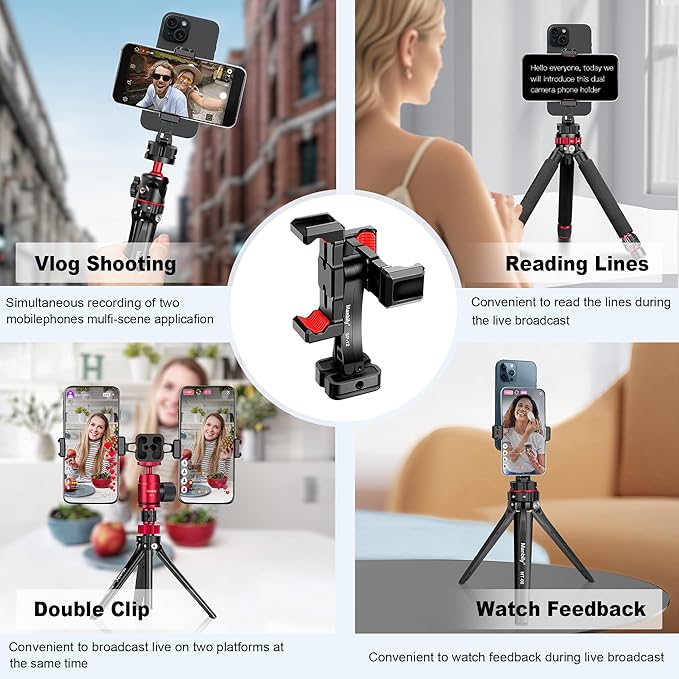 Manbily Phone Tripod Mount, Metal Smartphone Mount Adapter with Dual Phone Holder, 360° Swivel 180° Flip Adjustable Clip Clamp with Cold Shoe, for Selfie Stick Vlog Live Streaming