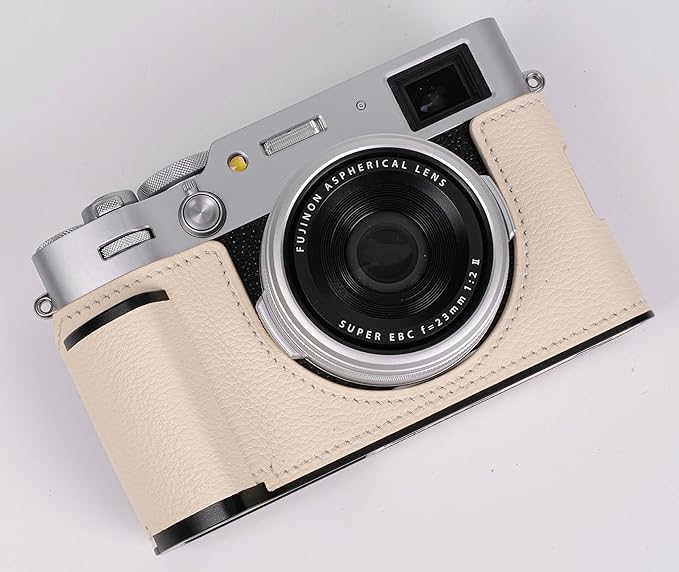 Camera Case for Fujifilm X100VI,UChandmade Genuine Leather Camera Half Case for Fujifilm X100VI - Top Layer Cowhide Body Metal Base Plate Hand Shank 3-in-1 Design (Creamy White)