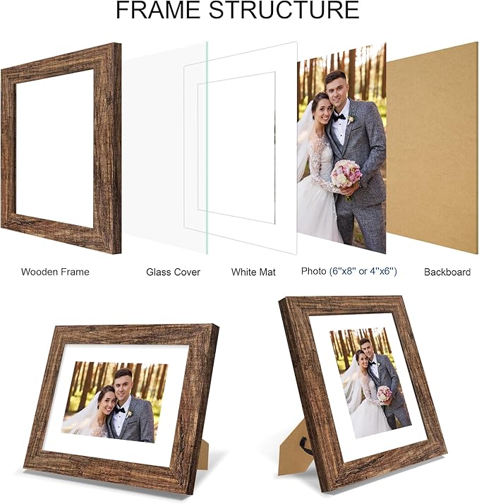 6x8 Picture Frame Set of 4, Made of Real Glass and Rustic Brown Frame - Display Picture 4x6 with Mat or 6x8 Without Mat, 6 by 8 Photo for Wall or Tabletop