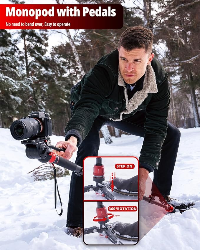 IFOOTAGE 71”Carbon Fiber Monopod with Feet Cobra 3 Monopod C180F-P,Pedal Base Tripod CB3 Base-P Low Profile,for Sony,Nikon,DSLR,Max.Payload 17.64lb/8KG