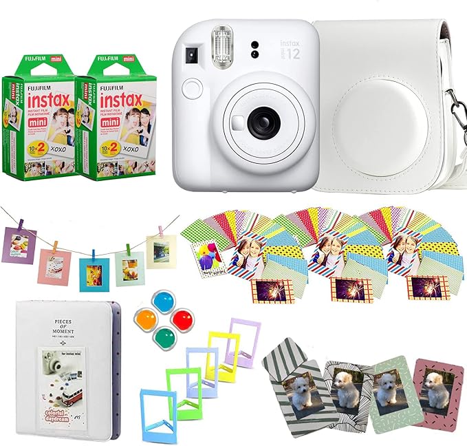 Fujifilm Instax Mini 12 Instant Camera + Pro Design Accessory Bundle with Protective Case, Magnetic Frames, Album, Frames Design Kit (40 Sheets) (Clay White)