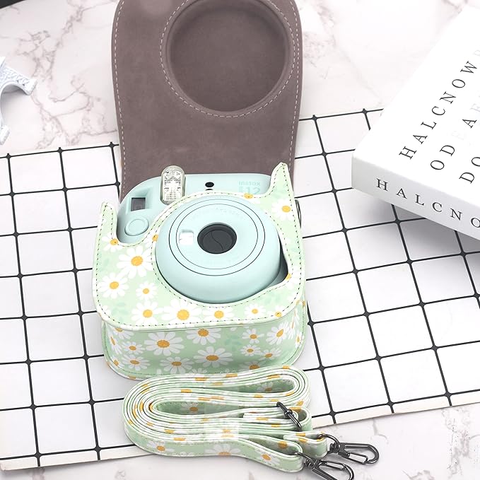 Frankmate Protective Case Compatible with Fujifilm Instax Mini 12 11 9 8 Instant Film Camera with Pocket and Adjustable Strap (Green Daisy)